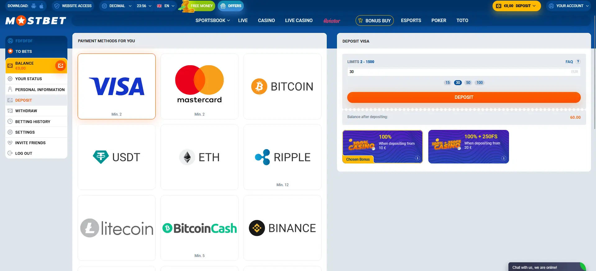Deposits and Withdrawals - Mostbet