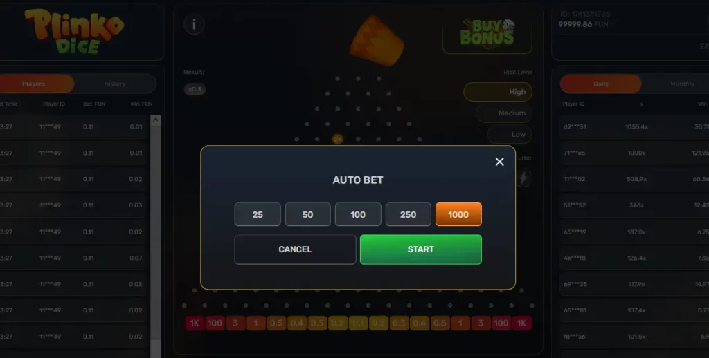 Autobet in Plinko Dice
